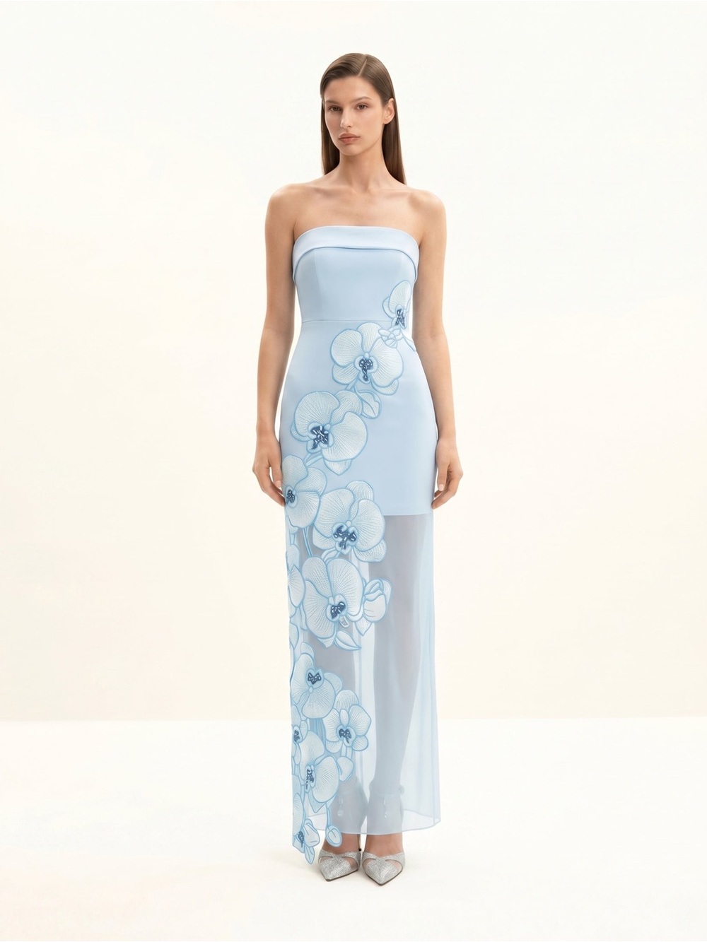 JW PEI Orchid Embroidered Dress Light Blue Size 6 NWT Strapless Maxi Gown